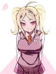  1girl ahoge akamatsu_kaede alternate_hairstyle arms_behind_back bangs beamed_eighth_notes blonde_hair blush breasts commentary danganronpa eighth_note english_commentary eyebrows_visible_through_hair hair_ornament highres huyandere long_hair looking_at_viewer musical_note musical_note_hair_ornament necktie new_danganronpa_v3 pleated_skirt purple_eyes school_uniform shirt simple_background skirt smile solo sweater_vest twintails 
