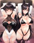  2girls absurdres alternate_costume animal_ears armpits arms_behind_head atago_(azur_lane) azur_lane bangs bare_shoulders bikini black_bikini black_hair black_legwear blush bow breasts brown_eyes cleavage cleavage_cutout closed_mouth collarbone commentary_request copyright_name covered_collarbone covered_navel elbow_gloves extra_ears eyebrows_visible_through_hair gloves groin hair_bow high_ponytail highleg highleg_bikini highleg_leotard highres huge_filesize large_breasts leotard logo looking_at_viewer multiple_girls navel race_queen shiny shiny_hair shiny_skin shrug_(clothing) sidelocks smile standing surota swept_bangs swimsuit takao_(azur_lane) thighhighs turtleneck white_bow white_gloves wrist_cuffs 