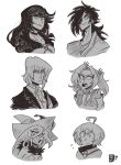  3boys 3girls big_smile black_and_white black_hair eizen_(tales) eleanor_hume emotions eyebrows eyebrows_visible_through_hair eyelashes female hair laphicet_(tales) magilou_(tales) male mouth mouth_open one_eye_covered rokurou_rangetsu scruffyturtles smile sweat tales_of_(series) tales_of_berseria teeth velvet_crowe video_games wide-eyed witch_hat worried 