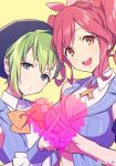  2girls :d :t agata_(agatha) bandanna bare_shoulders blue_dress blue_eyes bow bowtie breasts brown_eyes dress eyebrows_visible_through_hair gloves green_hair hair_ribbon hat looking_at_viewer macross macross_delta makina_nakajima multiple_girls necktie open_mouth pink_hair pink_ribbon pointy_ears pout reina_prowler ribbon shirt short_hair short_hair_with_long_locks sidelocks sleeveless sleeveless_shirt smile striped striped_dress teeth twintails twitter_username white_shirt x_fingers yellow_background 