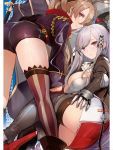  2girls ass asymmetrical_legwear azur_lane bangs blush boots breasts brown_hair cleavage cleavage_cutout dress dunkerque_(azur_lane) flag gloves hair_ribbon high_heels highres jacket jean_bart_(azur_lane) juliet_sleeves large_breasts long_hair long_sleeves looking_at_viewer multiple_girls puffy_sleeves pupps red_eyes ribbon shorts thigh_boots thighhighs thighs white_hair 