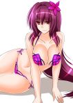  1girl alternate_costume arm_support bikini breasts cleavage collarbone engo_(aquawatery) fate/grand_order fate_(series) flower hair_flower hair_intakes hair_ornament large_breasts leg_garter lipstick makeup navel pink_bikini purple_bikini purple_hair red_eyes scathach_(fate)_(all) scathach_(fate/grand_order) scathach_(swimsuit_assassin)_(fate) smile solo swimsuit white_background 