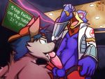  4:3 alcohol avian bar beer beverage canid canine canis clothed clothing falco_lombardi hat headgear headwear jackal male mammal neckerchief nintendo oral star_fox text topless ventkazemaru video_games 