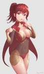  1girl absurdres anna_(fire_emblem) awan0918 bangs blush breasts cape center_opening covered_navel earrings finger_to_mouth fire_emblem fire_emblem_if gloves highres jewelry medium_breasts nintendo open_mouth ponytail red_cape red_eyes red_hair sidelocks simple_background solo twitter_username 
