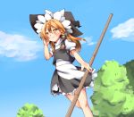  1girl apron bamboo_broom black_skirt black_vest blonde_hair blue_sky blush braid bright_pupils broom cloud cycloneyukari day dutch_angle feet_out_of_frame fingernails from_below hand_in_hair hat high_collar holding holding_broom kirisame_marisa long_hair looking_away orange_eyes outdoors petticoat puffy_short_sleeves puffy_sleeves shirt short_sleeves single_braid skirt sky smile solo standing standing_on_one_leg touhou tree vest waist_apron white_shirt wind witch_hat 