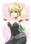  1girl :d armlet binato_lulu black_dress blonde_hair blue_eyes blush bowsette bracelet breasts choker cleavage collarbone covered_navel demon_horns dress earrings eyebrows_visible_through_hair fang hair_between_eyes horns jewelry large_breasts long_hair mario_(series) new_super_mario_bros._u_deluxe nintendo open_mouth ponytail shiny shiny_hair sleeveless sleeveless_dress smile solo striped striped_dress super_crown 