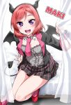 1girl bangs beads bed bed_sheet black_coat blush character_name curtains demon_tail demon_wings detached_collar eyebrows_visible_through_hair headband highres horned_headwear looking_at_viewer love_live! love_live!_school_idol_project necktie nishikino_maki on_bed open_mouth plaid plaid_skirt pleated_skirt purple_eyes red_footwear red_hair short_hair simple_background sitting sitting_on_bed skirt sleeve_cuffs smile tail white_background wings wrist_cuffs yopparai_oni 