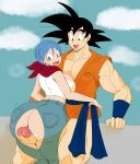  absurdres ass big_ass black_hair bloxwhater blue_eyes blue_hair bulma buttjob dragon_ball dragon_ball_super eric_lowery gigantic_ass highres huge_ass huge_penis muscles penis precum ripped_jeans smile son_gokuu torn_clothes uncensored 