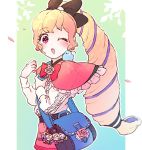  1girl alternate_costume alternate_hairstyle bag bird blonde_hair bow camilla_(fire_emblem_if) d0o00o0b elise_(fire_emblem_if) female_my_unit_(fire_emblem_if) fire_emblem fire_emblem_if hair_bow handbag leon_(fire_emblem_if) long_hair long_sleeves marks_(fire_emblem_if) multicolored_hair my_unit_(fire_emblem_if) nintendo one_eye_closed open_mouth petals ponytail purple_eyes purple_hair solo 
