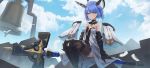  1girl ashisi azur_lane bangs bell bell_tower bird blue_hair blue_sky blush breasts choker cloud commentary cross cross_(weapon) day dress feathers fleur_de_lis floating_headgear gascogne_(azur_lane) gauntlets greaves hair_between_eyes headgear highres holding_cross looking_at_viewer outdoors short_hair sitting sky solo strapless strapless_dress weapon white_dress yellow_eyes 