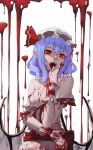  1girl arm_across_waist bangs bare_shoulders bat_wings blood blood_on_face bloody_clothes bloody_hands blue_hair bow breasts breasts_outside center_frills collarbone fangs frilled_shirt frills hat hat_ribbon head_tilt highres looking_at_viewer low_wings mob_cap nipples off_shoulder open_clothes open_mouth open_shirt pointy_ears red_bow red_eyes red_ribbon remilia_scarlet ribbon rmilanis shaded_face shirt short_hair small_breasts solo touhou upper_body v-shaped_eyebrows vampire white_background white_headwear white_shirt wings 
