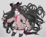  1girl absurdres black_hair black_legwear black_skirt blood blood_on_face bloody_clothes cardigan demon_girl earrings fingernails grey_background hair_over_one_eye highres horns jewelry kesuno long_hair long_sleeves nail_polish original pink_eyes sharp_fingernails simple_background skirt sleeves_past_wrists solo thighhighs tongue tongue_out white_nails zettai_ryouiki 