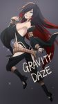  1girl ass belt black_hair blue_eyes boots breasts crow_(gravity_daze) detached_sleeves gravity_daze gravity_daze_2 hair_over_one_eye high_heel_boots high_heels long_hair long_sleeves looking_at_viewer multicolored_hair nail_polish red_hair solo two-tone_hair 