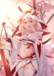  1girl absurdres alternate_costume alternate_hairstyle arm_support ayanami_(azur_lane) azur_lane bangs bare_shoulders blonde_hair blurry blurry_background blush breasts choker cleavage collarbone covered_mouth cowboy_shot detached_sleeves eyebrows_visible_through_hair f_(milfaaaaa) flower groin hair_between_eyes head_tilt headgear heart highres holding holding_flower holding_sword holding_weapon long_hair looking_at_viewer medium_breasts navel outdoors petals pink_background red_eyes sheath short_hair sidelocks skindentation solo standing stomach sunset sword thighhighs thighs veil weapon white_legwear 