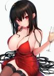  1girl ahoge azur_lane bangs bare_arms bare_shoulders black_hair breasts brown_legwear champagne_flute choker cleavage cocktail_dress collarbone cup dress drink drinking_glass erect_nipples hair_between_eyes hair_ornament hand_up head_tilt highres holding large_breasts long_hair looking_at_viewer red_choker red_dress red_eyes sidelocks simple_background sitting sleeveless sleeveless_dress smile solo spaghetti_strap taihou_(azur_lane) taihou_(forbidden_feast)_(azur_lane) thighhighs very_long_hair west_(vaem5527) white_background 