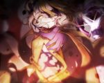  1girl blonde_hair bobi_(user_bjq8943) briar_rose_(sinoalice) dark_persona embers empty_eyes half-nightmare light_smile looking_at_viewer multicolored multicolored_skin one_eye_covered pale_skin parted_lips pointing pointing_at_viewer purple_skin reaching_out sinoalice solo tattoo yellow_eyes 