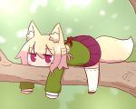  1girl animal_ear_fluff animal_ears bangs blonde_hair blurry blurry_background blush brown_footwear closed_mouth commentary_request day depth_of_field eyebrows_visible_through_hair fox_ears fox_girl fox_tail full_body green_shirt hair_between_eyes hair_bun hair_ornament highres in_tree kemomimi-chan_(naga_u) long_hair long_sleeves lying naga_u on_stomach original outdoors pleated_skirt purple_skirt red_eyes ribbon-trimmed_legwear ribbon_trim shirt sidelocks skirt sleeves_past_fingers sleeves_past_wrists solo tail thighhighs tree tree_branch white_legwear 