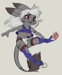  anthro clothed clothing fangs female fur garter grey_fur hair hybrid lutrine macropod mammal marsupial mustelid open_mouth pawpads pink_eyes reign-2004 simple_background slipping slit_pupils solo toeless_stockings wardrobe_malfunction whiskers white_background white_hair 