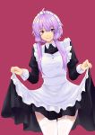  1girl absurdres ahoge alternate_costume apron bangs black_dress blush closed_mouth commentary_request cowboy_shot dress dress_lift enmaided eyebrows_visible_through_hair frilled_apron frills garter_straps highres juliet_sleeves lifted_by_self long_sleeves looking_at_viewer maid maid_headdress puffy_sleeves purple_background purple_eyes purple_hair short_hair_with_long_locks sidelocks simple_background sleeve_cuffs smile solo thigh_gap thighhighs vocaloid voiceroid white_apron white_legwear yuzuki_yukari zooanime 