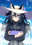  1girl :&lt; absurdres animal_ear_fluff animal_ears black_hair blue_eyes blue_sky earrings ears_through_headwear fang flower grey_wolf_(kemono_friends) hat hat_flower heterochromia highres jewelry kemono_friends looking_at_viewer multicolored_hair outdoors ponta_(matsuokazieg) skin_fang sky solo sun_hat two-tone_hair white_hair wolf_ears wolf_girl yellow_eyes 