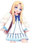  1girl angel_wings bangs blonde_hair blue_bow blue_eyes blush bow collarbone commentary_request dress eyebrows_visible_through_hair feathered_wings firo_(tate_no_yuusha_no_nariagari) head_tilt highres long_hair long_sleeves parted_bangs sidelocks simple_background sleeves_past_wrists solo tate_no_yuusha_no_nariagari very_long_hair white_background white_dress white_wings wings xiaosamiao 