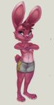  anthro blue_eyes breasts clothed clothing female fur hair lagomorph leporid mammal nipples pink_fur pink_hair rabbit reign-2004 shorts simple_background solo topless whiskers white_background 