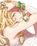  1girl armpits bare_shoulders blonde_hair blush bracelet breasts emerald_(gemstone) eyelashes fate/grand_order fate_(series) green_eyes green_nails hair_ornament highres jewelry large_breasts nail_polish quetzalcoatl_(fate/grand_order) ring simple_background sleeveless_sweater smile solo sweat white_background yukataro 