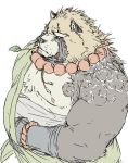  2019 anthro belly canid canine clothing gyobu humanoid_hands leaf male mammal moobs nipples overweight overweight_male raccoon_dog robe scar simple_background solo tanuki tattoo tokyo_afterschool_summoners uchider video_games white_background 