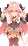  1boy armor armored_dress astolfo_(fate) black_gloves black_ribbon cape commentary_request fate/apocrypha fate/grand_order fate_(series) garter_straps gloves hair_intakes hair_ribbon highres male_focus outstretched_arms pink_hair plackart purple_eyes ribbon saihate_(d3) thighhighs thighs trap 