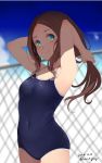  1girl blue_eyes blue_sky blue_swimsuit blurry breasts brown_hair chain-link_fence cloud commentary_request competition_school_swimsuit covered_navel cowboy_shot dated depth_of_field fate/grand_order fate_(series) fence forehead holding holding_hair leonardo_da_vinci_(fate/grand_order) long_hair mine_(wizard) outdoors school_swimsuit shade sky small_breasts smile solo swimsuit twitter_username wavy_hair 