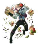  1boy alternate_costume bag basket belt blonde_hair boots fire_emblem fire_emblem_heroes fire_emblem_if food full_body gloves hairband hamburger highres hino_shinnosuke jewelry leon_(fire_emblem_if) male_focus necklace nintendo open_mouth red_eyes sandwich solo teeth tomato torn_clothes 