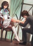  1boy 1girl armchair barefoot boots brown_eyes brown_hair chair feet foot_licking licking long_hair shoes shoes_removed single_shoe sitting socks_removed soles toes 