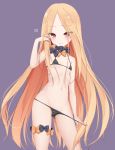  1girl abigail_williams_(fate/grand_order) bangs bare_arms bare_legs bare_shoulders black_bow black_bra black_panties blonde_hair blush bow bowtie bra breasts commentary_request dot_nose eyebrows_visible_through_hair fate/grand_order fate_(series) grey_background heart highres kamu_(geeenius) long_hair looking_at_viewer multicolored_neckwear navel orange_bow panties panty_pull parted_bangs pink_eyes simple_background small_breasts smile solo underwear very_long_hair 