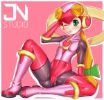  1girl arm_support artist_name blonde_hair blush bodysuit boots breasts cameltoe capcom collarbone full_body gloves green_eyes hand_behind_head helmet highres jnstudio long_hair low-tied_long_hair netnavi one_eye_closed pink_background pink_bodysuit pink_footwear pink_gloves rockman rockman_exe roll_exe sitting skin_tight smile solo spandex spread_legs thighhighs 