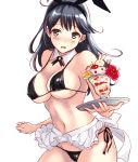  1girl animal_ears bikini black_bikini black_hair blush breasts bunny_ears cleavage commentary_request detached_collar eyebrows_visible_through_hair fake_animal_ears food grey_hair ice_cream kantai_collection large_breasts long_hair looking_at_viewer micro_bikini navel open_mouth side-tie_bikini simple_background solo swimsuit tray u0709 ushio_(kantai_collection) white_background 