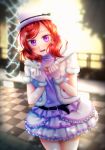  1girl artist_request blurry blurry_background blush clenched_hand female hat looking_at_viewer love_live! love_live!_school_idol_project nishikino_maki purple_eyes purple_shirt red_hair shirt short_hair smile snow_halation solo 