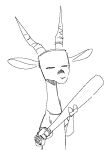  2018 ambiguous_gender antelope anthro baseball_bat bat_(object) black_and_white bovid clothed clothing english_text facial_markings fuel_(artist) fuel_(character) gazelle holding_object horn mammal markings monochrome simple_background solo text white_background 