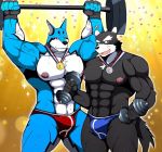  abs anthro bearlovestiger13 biceps black_fur blue_fur canid canine canis clothing digital_media_(artwork) doggie_kruger domestic_dog dumbbell exercise fur male mammal medal muscular nipples nitobe pecs power_rangers power_rangers_spd super_sentai tokusou_sentai_dekaranger underwear weightlifting weights white_fur workout 