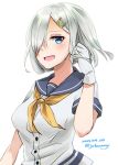  1girl blue_eyes dated gloves hair_ornament hair_over_one_eye hairclip hamakaze_(kantai_collection) highres johssnny kantai_collection looking_at_viewer neckerchief school_uniform serafuku short_hair short_sleeves silver_hair simple_background smile solo twitter_username upper_body white_background white_gloves yellow_neckwear 