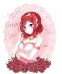  10s 1girl artist_request bangs birthday blush bouquet dress elbow_gloves female flower garter_straps gloves happy_birthday highres love_live! love_live!_school_idol_project nishikino_maki purple_eyes red_flower red_hair red_rose red_theme ribbon rose solo striped striped_ribbon swept_bangs thighhighs tiara white_background white_dress white_gloves white_legwear 