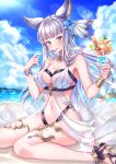  1girl animal_ears bangs bare_shoulders beach bikini blue_eyes blue_flower blunt_bangs blush bracelet breasts cleavage cloud collarbone day eating erune eyebrows_visible_through_hair flower food fruit granblue_fantasy hair_flower hair_ornament halter_top halterneck high_heels highres holding ice_cream jewelry korwa large_breasts long_hair looking_at_viewer navel ocean outdoors parfait sand silver_hair sitting sky smile solo sparkle spoon star star_hair_ornament stomach swimsuit very_long_hair wariza water zoff_(daria) 