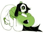  1_eye :&gt; ata_(anaid) big_eyes big_tail biped black_hair black_sclera blush blush_sticker clothed clothing cyclops dipstick_tail footwear front_view fully_clothed gloves_(marking) green_and_white green_eyes hair hair_ornament huge_tail humanoid long_hair long_tail longtailclops looking_at_viewer mammal markings monochrome monster_girl_(genre) multicolored_tail noseless shoes simple_background sitting_on_tail skirt smile sneakers tailclops_(species) unknown_artist white_background 