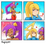  &lt;3 2019 ? bare_shoulders black_eyes blonde_hair blue_eyes blush breasts capcom clothing comic crossover dark_skin duo ear_piercing female genie gesture hair human humanoid long_hair mammal metroid navel nintendo not_furry open_mouth piercing pointy_ears ponytail purple_hair samus_aran shantae shantae_(series) signature thegreyzen thumbs_up video_games wayforward zero_suit 