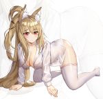  1girl all_fours animal_ear_fluff animal_ears blonde_hair blush breasts cleavage closed_mouth collarbone collared_shirt commission dress_shirt eto_(nistavilo2) fox_ears large_breasts long_hair long_sleeves looking_at_viewer naked_shirt no_shoes one_side_up open_clothes open_shirt original red_eyes shirt solo thighhighs thighs very_long_hair white_legwear white_shirt zoom_layer 