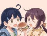  2girls ahoge akebono_(kantai_collection) alternate_hairstyle black_hair brown_eyes casual commentary_request dolphin_hair_ornament food hair_between_eyes hair_ornament hairclip hamburger holding holding_food jacket kantai_collection long_hair looking_at_viewer multiple_girls one_eye_closed open_mouth otoufu ponytail purple_eyes purple_hair sharing_food shirt star star_hair_ornament ushio_(kantai_collection) 