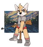  2019 anthro axe canid canine canis domestic_dog green_eyes gun harmarist herding_dog male mammal melee_weapon ranged_weapon solo weapon welsh_corgi 