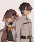  2boys astolfo_(fate) belt belt_buckle black_bow black_ribbon blue_eyes bow brown_hair buckle chaldea_uniform cloak closed_mouth commentary_request eyebrows_visible_through_hair fate/grand_order fate_(series) fujimaru_ritsuka_(male) fur-trimmed_cloak fur_collar fur_trim hair_intakes hair_ribbon highres looking_at_viewer multicolored_hair multiple_boys pink_hair purple_eyes ribbon saihate_(d3) standing streaked_hair trap white_cloak 