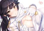  1girl aiguillette azur_lane bangs black_hair blush bow breasts cleavage from_above hair_bow hair_flaps highres large_breasts long_hair looking_at_viewer mappaninatta military military_uniform open_mouth ponytail takao_(azur_lane) uniform white_bow yellow_eyes 