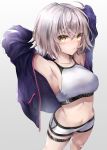  1girl ahoge armpits arms_behind_head bangs blush boyshorts breasts clothes_writing eyebrows_visible_through_hair fate/grand_order fate_(series) gradient gradient_background grey_background hane_yuki highres jacket jeanne_d&#039;arc_(alter)_(fate) jeanne_d&#039;arc_(fate)_(all) large_breasts long_sleeves looking_at_viewer navel off_shoulder open_clothes open_jacket purple_jacket serious short_hair sidelocks silver_hair simple_background solo sports_bra sportswear standing stomach stretch thigh_strap tsurime unzipped yellow_eyes zipper 