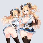  2girls ass bag black_legwear blonde_hair blue_eyes blush breasts cleavage frilled_skirt frills granblue_fantasy hair_ribbon hand_on_hip horns jewelry large_breasts long_hair looking_at_viewer looking_back multiple_girls one_side_up open_mouth panties pendant pointy_ears rastina ribbon school_uniform simple_background skirt thighhighs underwear white_panties zaxwu 